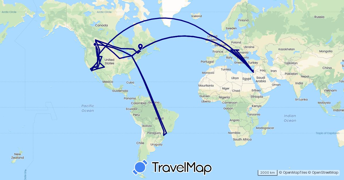 TravelMap itinerary: driving in Austria, Brazil, Canada, United Kingdom, Hungary, Israel, Palestinian Territories, United States (Asia, Europe, North America, South America)